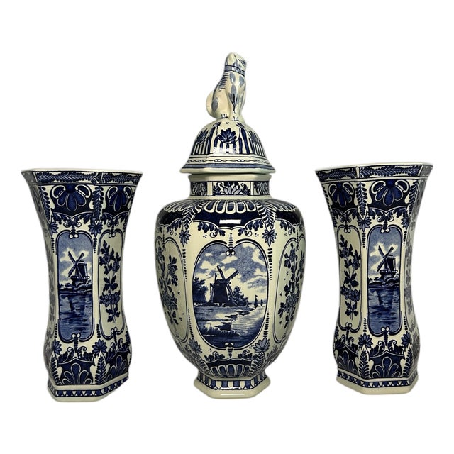 Vintage Three-Piece Windmill Garniture Set in the style of Boch Delft, 20th Century, 1950s, Set of 3 For Sale