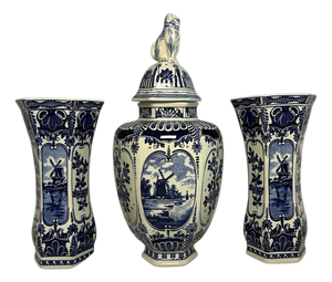 Vintage Three-Piece Windmill Garniture Set in the style of Boch Delft, 20th Century, 1950s, Set of 3