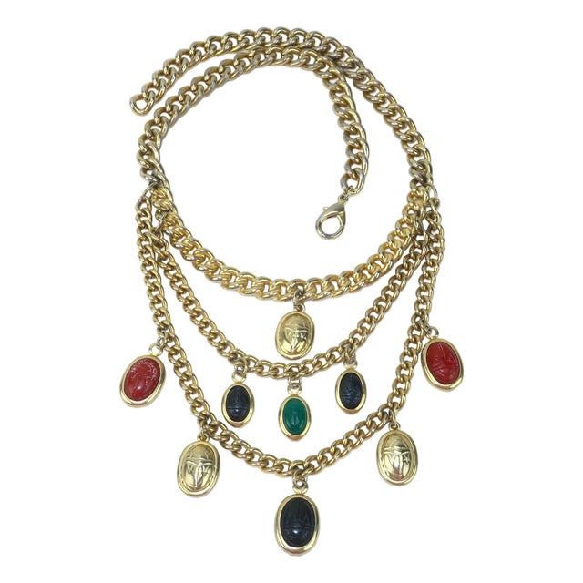 Vintage Scarab Bib Chain Link Egyptian Style Necklace, c.1980 For Sale