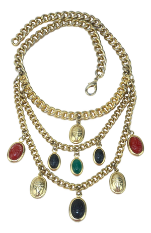 Vintage Scarab Bib Chain Link Egyptian Style Necklace, c.1980