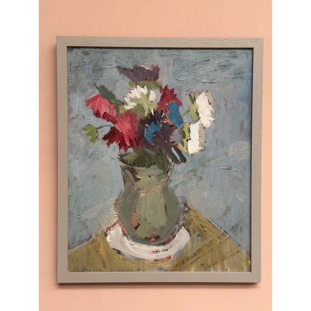 Original Vintage Oil on Panel – “Flowers in Green Vase” – Signed – Vintage & Newly Framed – 50 × 42 cm (19.7" × 16.5")...