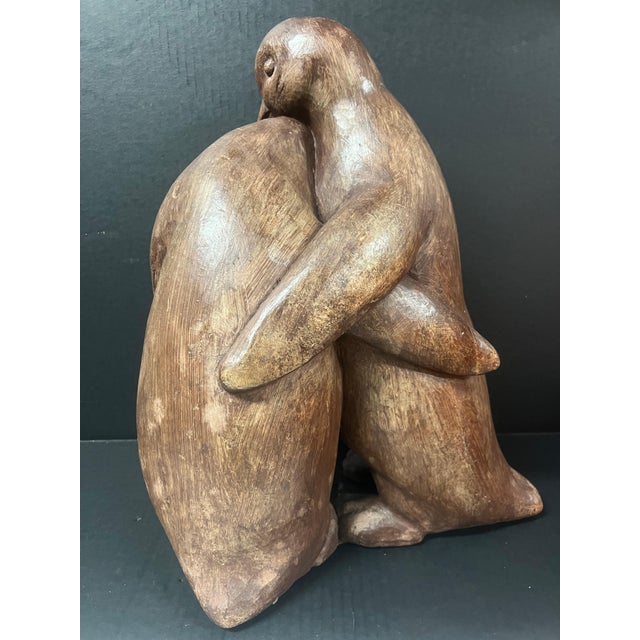 Wood Vintage Large Hand Carved Wooden Penguin Couple Sculptural Statue For Sale - Image 7 of 10