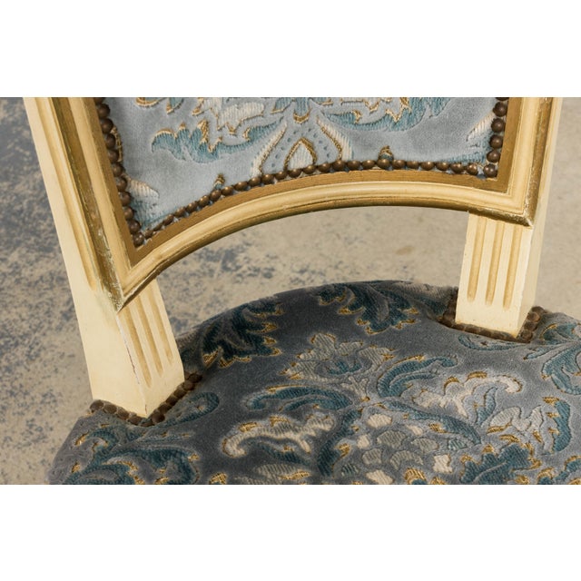 Wood Antique French Louis XVI Style Painted Side Chairs W/ Blue Velvet Damask – A Pair For Sale - Image 7 of 18
