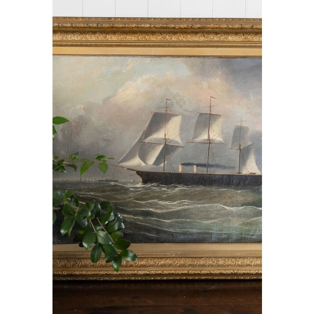 Wood Large 19th Century Signed Original Oil of Early Steamship in Original Carved Frame For Sale - Image 7 of 18