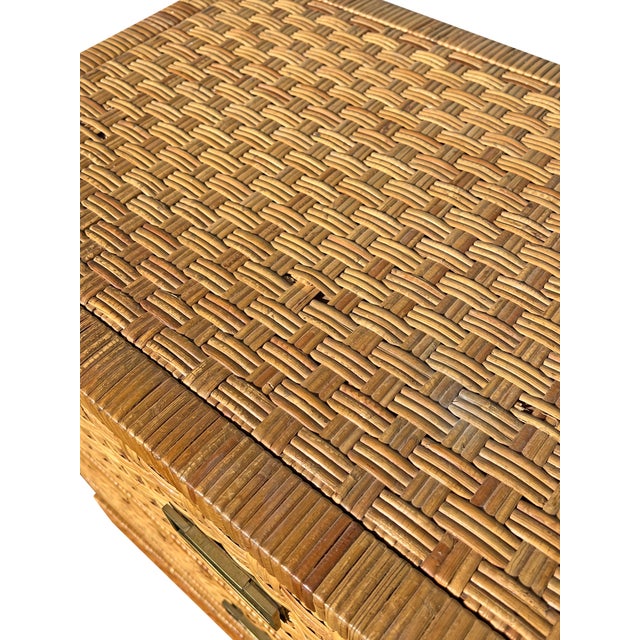 Vintage Wicker Rattan Pair of Chest of Drawers Dressers With Brass Campaign Style Hardware For Sale - Image 12 of 13