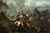 An antique oil painting on canvas depicting a battle between Christian and Turkish knights, set in a period gilded wooden...