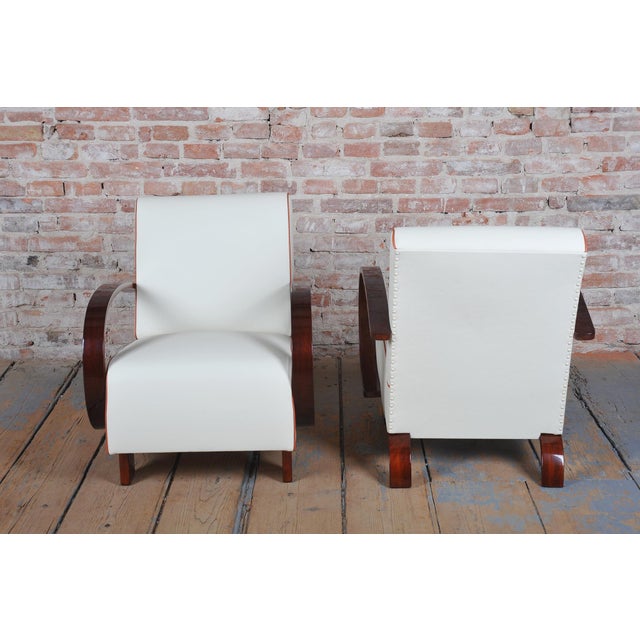 Art Deco Armchairs in Walnut and Leather, Czech, 1930s, Set of 2 For Sale - Image 9 of 12