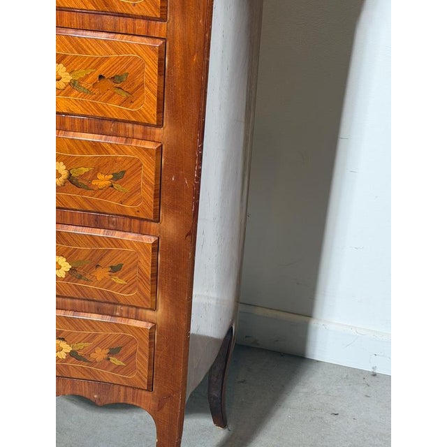 Tall French Louis XV Marquetry Chest of Drawers with Marble Top For Sale - Image 5 of 7