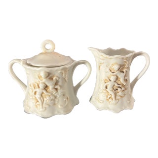 Vintage Lefton Petite Sugar & Creamer Cherub Motif- 2 Pieces For Sale