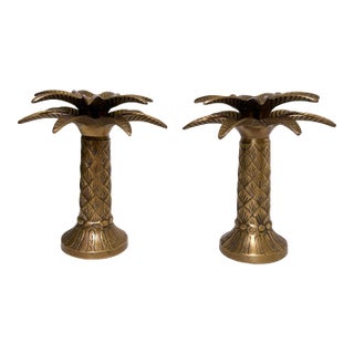 Pair of Vintage Brass Palm Tree Candlestick Holders For Sale