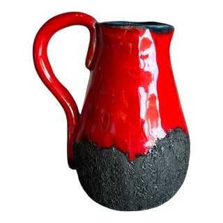 1960s Mid-Century Modern West German Fat Lava Studio Pottery Pitcher in Red & Black Lava Glaze For Sale