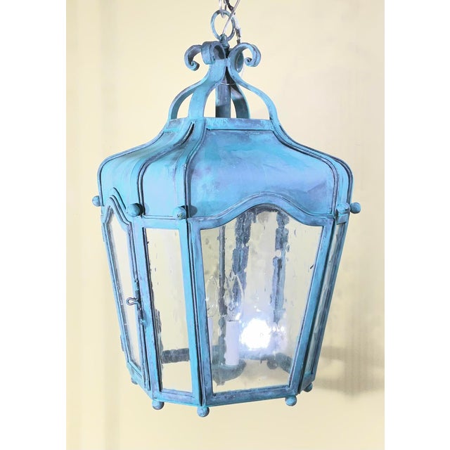 American Exquisite Vintage Verdigris Hand -Forge Iron Hanging Lantern For Sale - Image 3 of 18