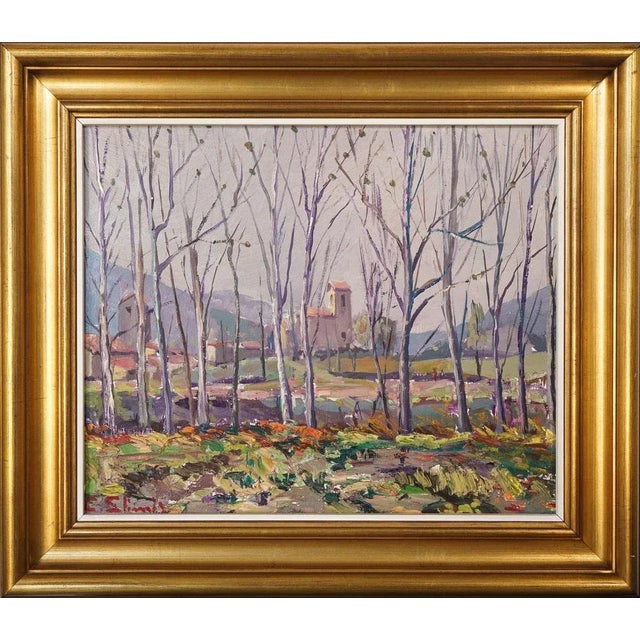 Framed post impressionist oil on board of a landscape with a church. Artist name: signed (unidentified at present) approx...
