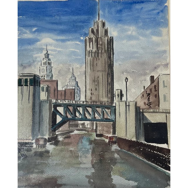 Mid-Century Modern Watercolor of Chicago by Peter Crombie Hand Signed -Michigan Ave Bridge, Palmolive Bldg 1949 For Sale - Image 3 of 6