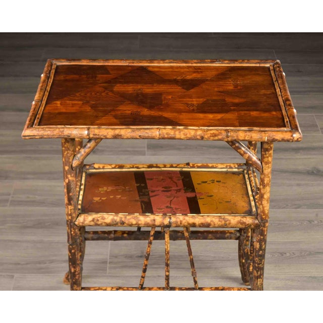 19th Century English Aesthetic Era Bamboo Table With Marquetry and Painted Detail For Sale - Image 10 of 10