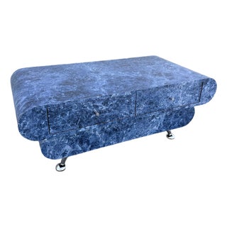 Postmodern Bullnose Faux Blue Marble Coffee Table on Chrome Legs For Sale