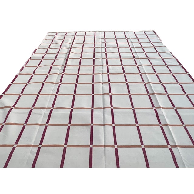 White Not Yet Made - Made To Order Handmade Cotton Area Rug Cream, Raspberry Pink & Terracotta Red Windowpane Dhurrie - 9'x12' For Sale - Image 8 of 11