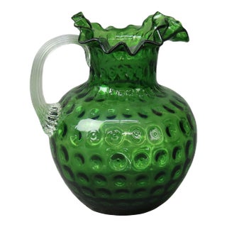 Antique Emerald Green Fluted Art Glass Water Pitcher With Coinspot Pattern, Circa 1890 For Sale