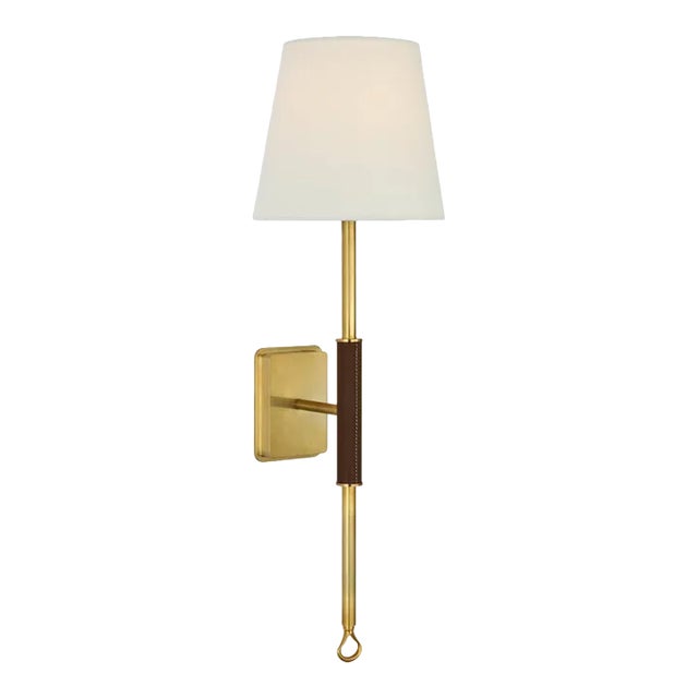 Amber Lewis for Visual Comfort Signature Griffin Tail Sconce in Hand-Rubbed Antique Brass and Saddle Leather with Linen Shade For Sale