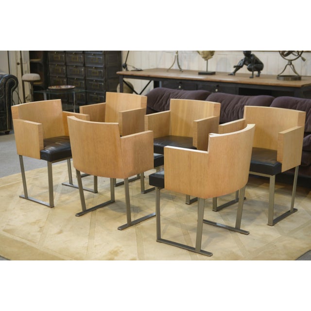 Armchairs in Oak and Leather, 1980s, Set of 6 For Sale - Image 9 of 15