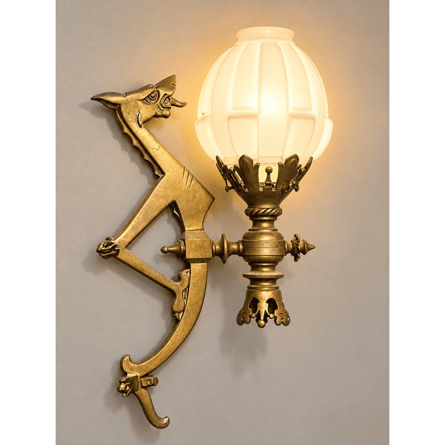 Art Deco Bronze Wall Sconces with Tulip Shades and Dragons, 1890s, Set of 2 For Sale - Image 3 of 11