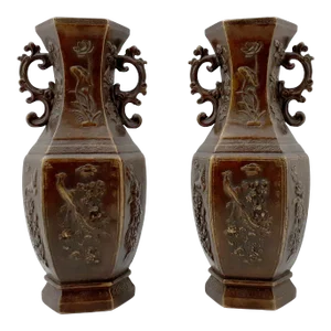 Late 19th Century Chinese Bronze Six Sided, Birds & Flowers Vases- a Pair