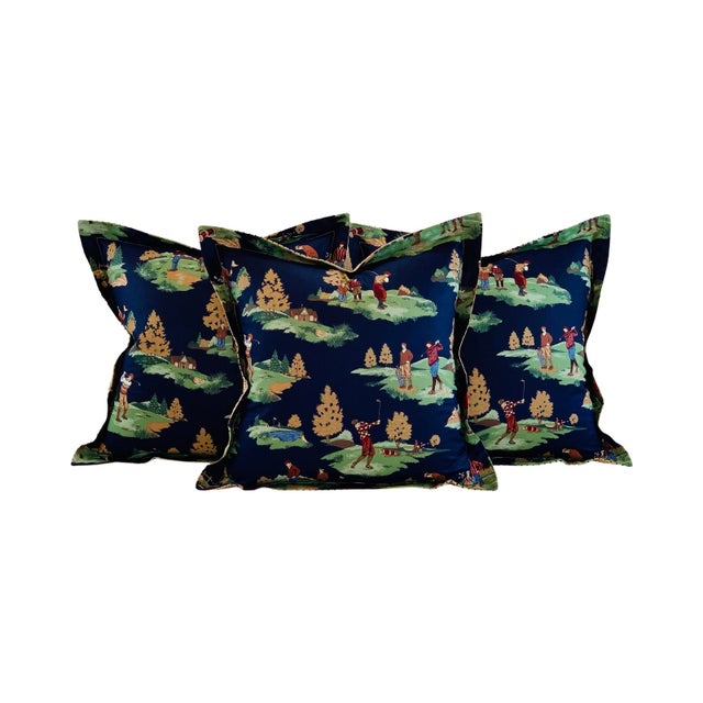 Textile Designer Vicki Payne Free Spirit Printworks Blue Burgundy Green Tan Country Club Golf Toile Pillow Covers- 19" Set of 3 For Sale - Image 7 of 7