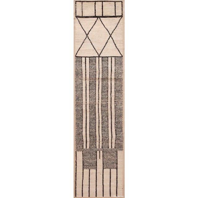 Nazmiyal Collection Ivory Cream and Charcoal Tribal Geometric Modern Runner Rug For Sale