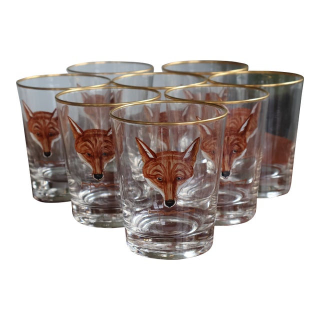 Mid-20th Century Cyril Gorainoff–Attributed Hand-Painted Fox Mask Cocktail Glasses — Set of 8 For Sale