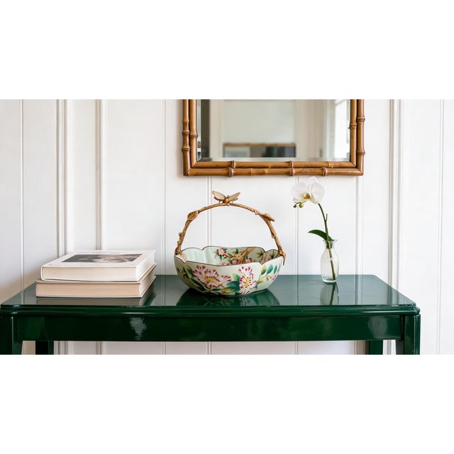 Floral Vine Painted Porcelain Bowl With Bronze Ormolu Basket Handle For Sale - Image 4 of 11
