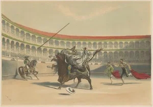 After W. Lake, Bullfighting with the Bull Tossing the Picador & Horse, 1852, Lithograph