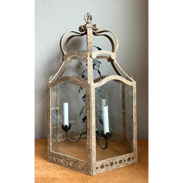 Tan Vintage Iron and Glass Ivy Lantern For Sale - Image 8 of 12