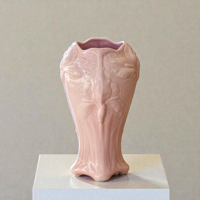 Large and magnificent antique Art Nouveau majolica vase, signed Salins-les-Bains. Earthenware in a soft, powdery pink,...