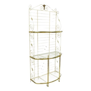 Vintage French Country White Wrought Iron & Brass 3 Tier Pastry Bakers Rack For Sale