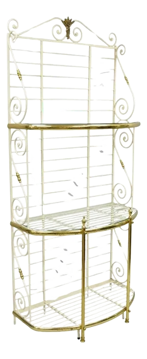 Vintage French Country White Wrought Iron & Brass 3 Tier Pastry Bakers Rack