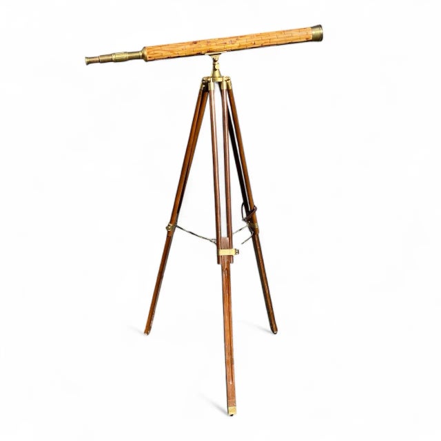 Nautical Vintage Brass Telescope / Spyglass With Bamboo Inlay & Adjustable Tripod Base For Sale - Image 3 of 12