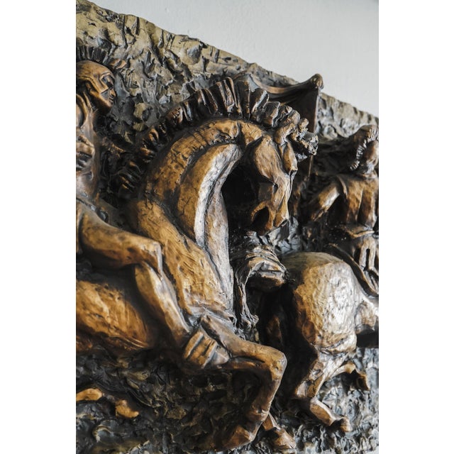 The Vanguard Studios 1967 Roman Soldiers Chariots Relief Brutalist Wall Sculpture is a large, labeled piece of wall decor...