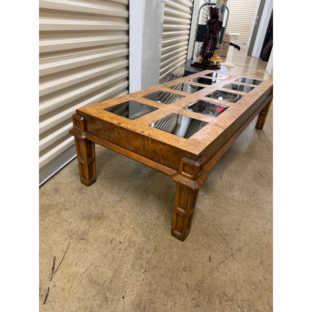 1970s Vintage Burl Wood Coffee Table Square Smoked Glass MCM For Sale - Image 4 of 8