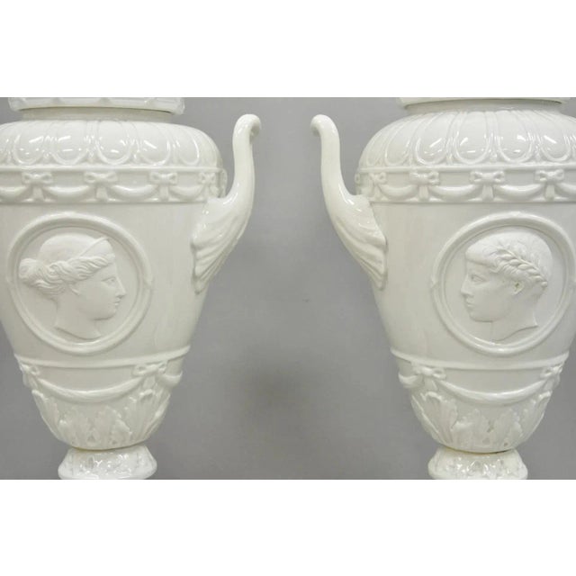 Antique Italian Neoclassical Greco Roman White Porcelain Urn Table Lamps - a Pair For Sale - Image 4 of 12
