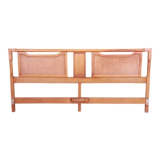 American of Martinsville Mid-Century Modern Walnut and Rattan King Size Headboard, Circa 1960s For Sale