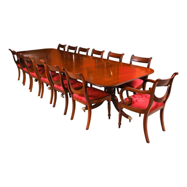 Antique Regency Triple Pillar Dining Table and Swag Back Chairs, 1890s, Set of 15 For Sale