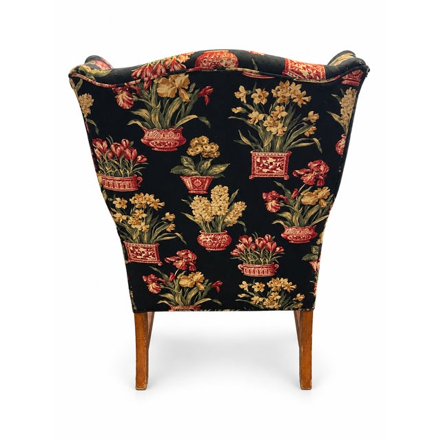 Late 20th Century Late 20th Century Black Floral Chinoiserie Wingback Armchairs — A Pair For Sale - Image 5 of 16
