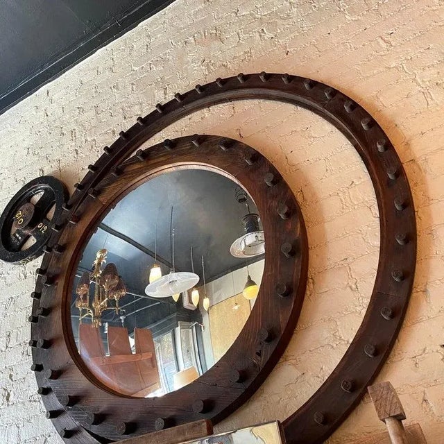 Wood 1940s Large Custom Industrial Foundry Mold Convex Mirror For Sale - Image 7 of 12