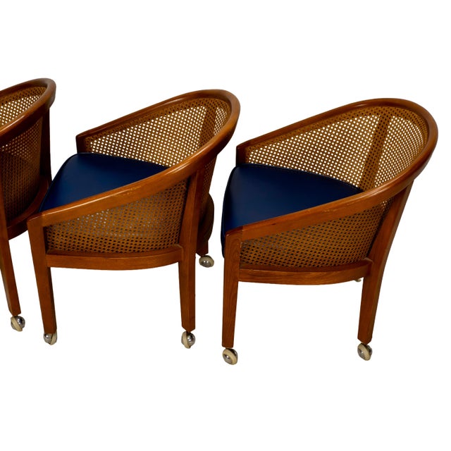 1970s Set of 4 Bent Oak & Cane Tub Chairs on Casters W/ Royal Blue Cushions in the Manner of Ward Bennett For Sale - Image 18 of 18