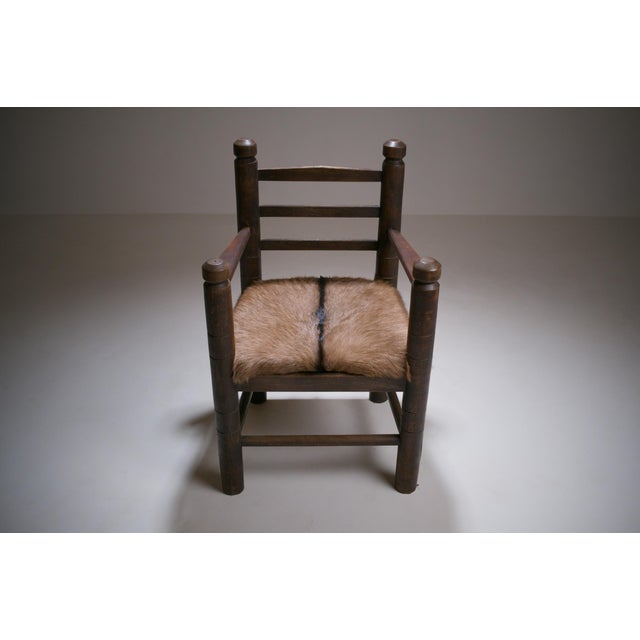 Rustic Modernist French Armchair in Stained Oak and Animal Hide, 1950 For Sale - Image 4 of 18
