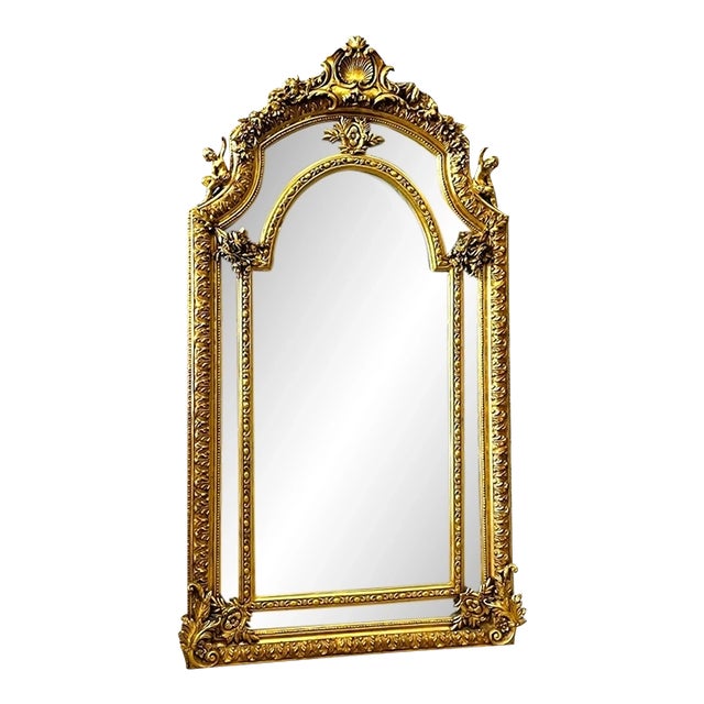 Rococo Floor Mirror – Gold Leaf Finish With Angel Carvings, 6.6 Ft Tall Statement Mirror For Sale