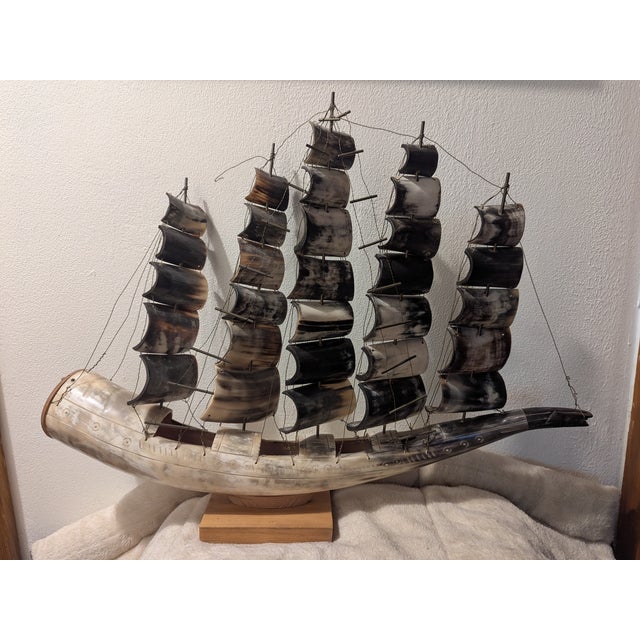 Bone Vintage Large Carved Horn Ship With Five Sails For Sale - Image 7 of 8