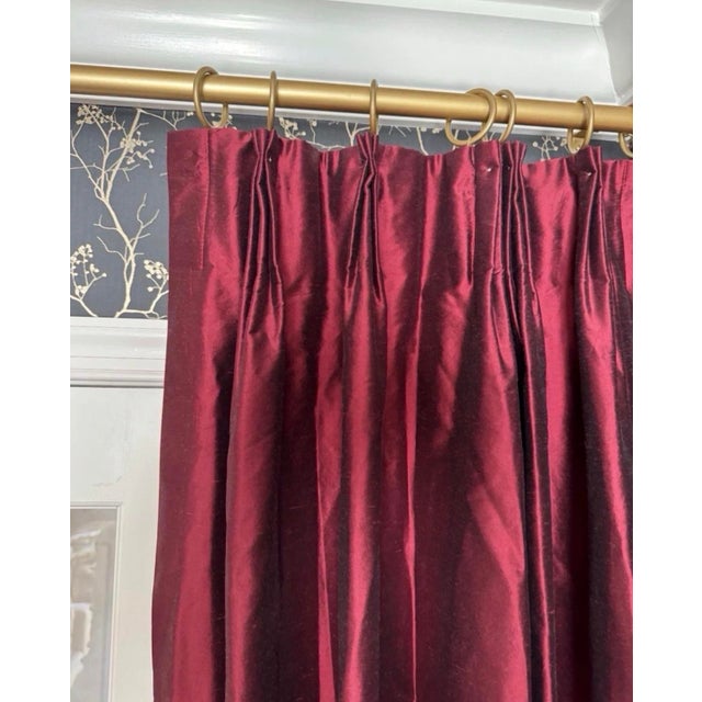 Modern Custom Made Designer Silk Deep Red Wine Drapery Panels Pair Pinch Pleat – Flannel Interlined, Lined For Sale - Image 3 of 7