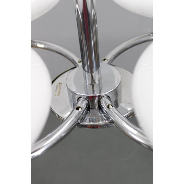Metal Mid-Century Chrome Chandelier with Milk-Glass Disc Shades, Former Czechoslovakia, 1950s For Sale - Image 7 of 16