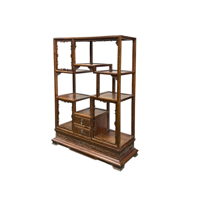 Pair Chinese Vintage Brown Stain Chest Height 51" Curio Display Cabinets For Sale - Image 4 of 11